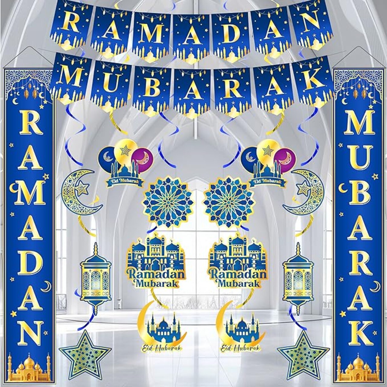 Ramadan Mubarak Decorations Set, Eid Mubarak Banner with Hanging Swirls, Muslim Islamic Porch Door Sign for Ramadan & Eid al-Fitr Home Party Decor